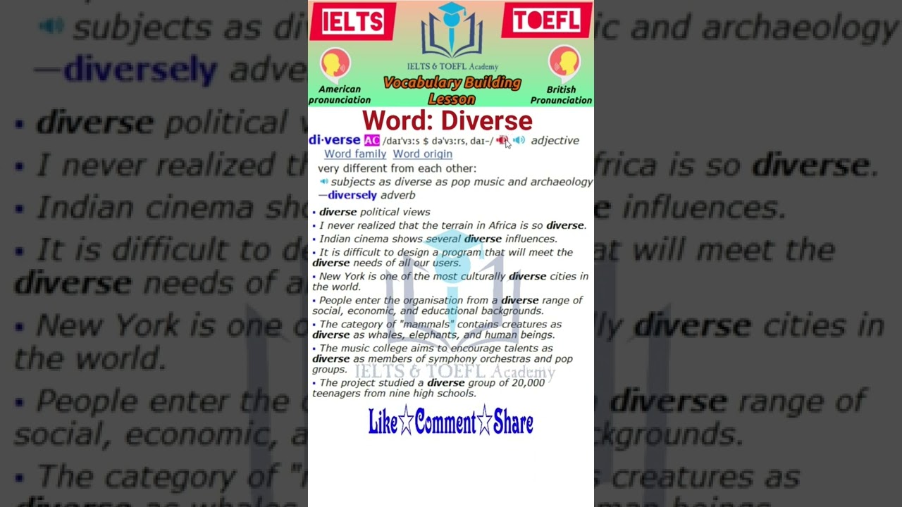 Diverse meaning and examples + American and British pronunciations