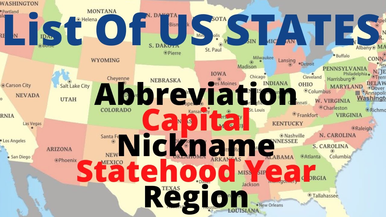 LIST OF US STATES With Abbreviation, Capital, Nickname, Statehood Year & Region (United States)