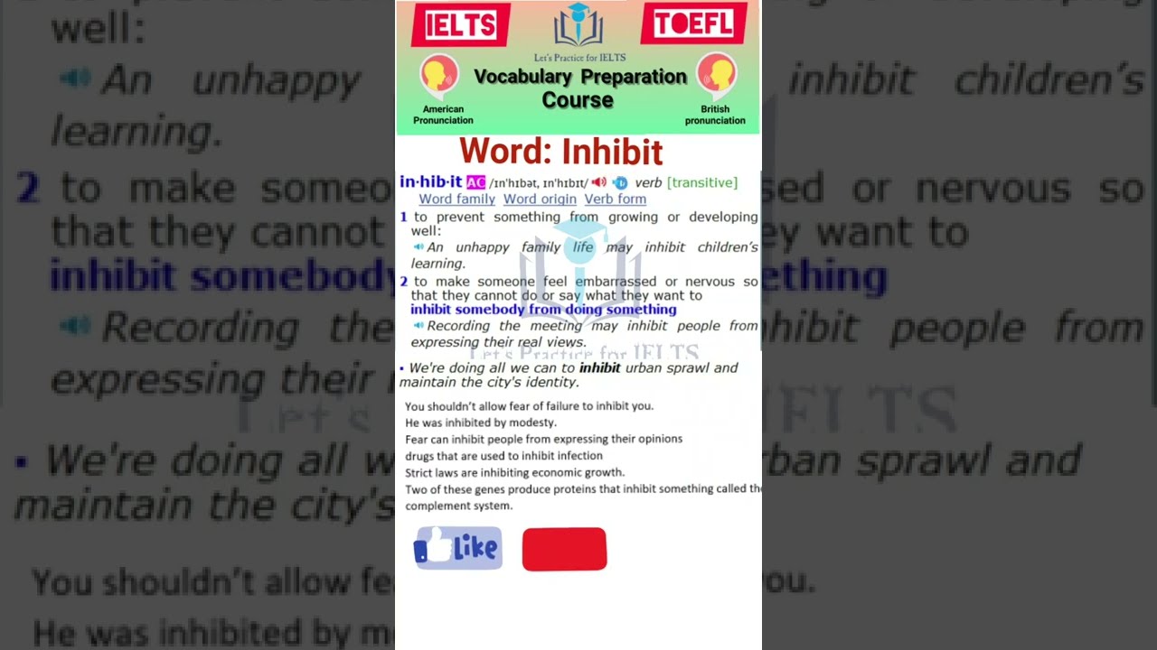 Inhibit meaning and example + American and British pronunciations (TOEFL, IELTS Vocabulary)