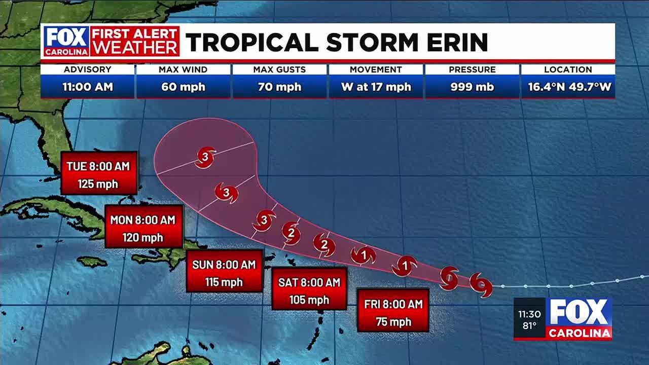 Tropical Storm Erin intensifying, expected to be a hurricane by the weekend