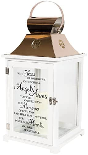 Carson Home Accents Indoor Outdoor Angels Arms Memorial Sympathy Copper Candle Lantern for Loss of Loved One with Automatic Hour Timer and Poem