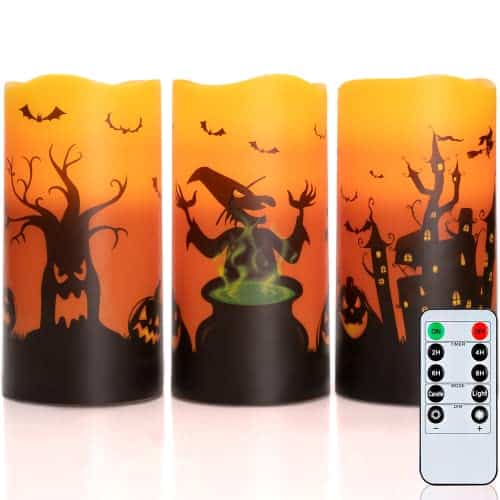 Homemory Halloween Candles, Orange Flameless Candles, Flickering Battery Operated LED Pillar Candles with Remote Timers, for Halloween Decoration, Day of The Dead, Set of