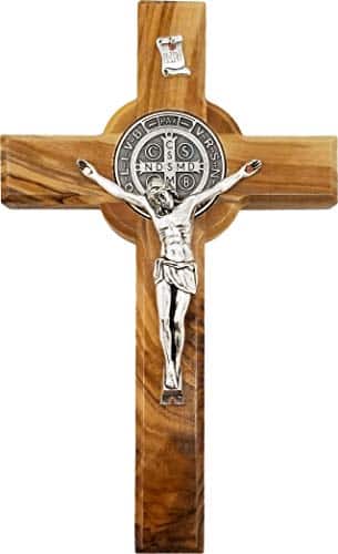 Logos Trading Post Holy Land Olive Wood Saint Benedict Hanging Wall Cross from Israel, Wooden Church Cross for Wall, Token of Religious Symbolism Large