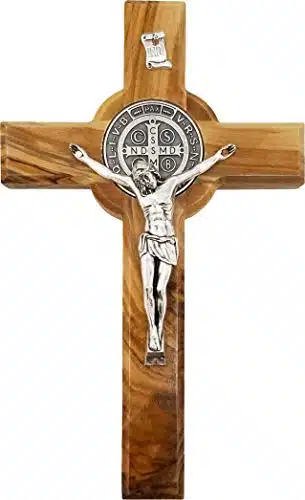 Logos Trading Post Holy Land Olive Wood Saint Benedict Hanging Wall Cross from Israel, Wooden Church Cross for Wall, Token of Religious Symbolism   Large