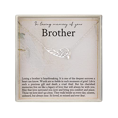 RareLove Memorial Gifts for Loss of Brother,Sterling Silver Angel Wing Heart Pendant Necklace,In Loving Memory of Brother Bereavement Gifts,Condolence Gift