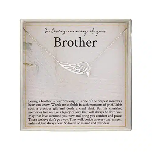 RareLove Memorial Gifts for Loss of Brother,Sterling Silver Angel Wing Heart Pendant Necklace,In Loving Memory of Brother Bereavement Gifts,Condolence Gift