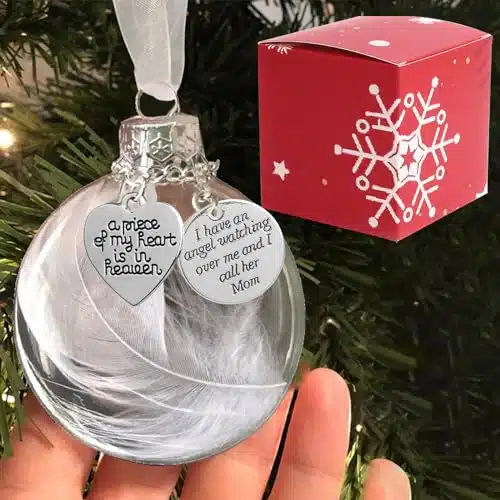 Clear Christmas Memorial Ornament Feather Ball, A Piece of My Heart is in Heaven Loss of Loved One Mother Christmas Tree Hanging Sympathy Gift with Silk Ribbon & Red Gift Box