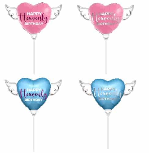 Happy Heavenly Birthday Balloons on a Stick Heart Shaped with angel wings (Variety Pack)