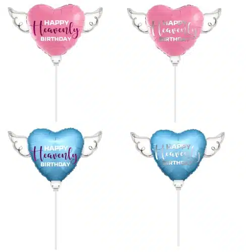 Happy Heavenly Birthday Balloons on a Stick Heart Shaped with angel wings (Variety Pack)