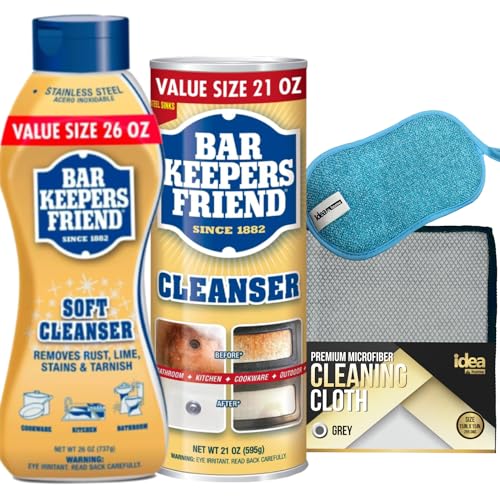 Idea Home Bar Keepers Friend ULTIMATE CLEANING KIT  Liquid Soft Cleanser oz + Cleanser & Polish Powder oz Bundle Microfiber Cleaning Cloth + Multi Purpose Non Scratch Microfib