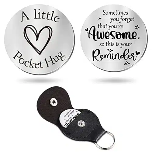 Pocket Hug Token Long Distance Relationship Keepsake Stainless Steel Double Sided Inspirational Gift with PU Leather Keychain (You're Awesome)