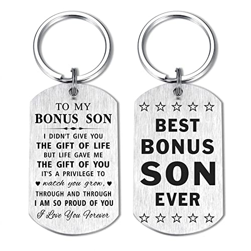 SOUSYOKYO Best Bonus Son Ever Gifts, Step Son Keychain from Stepmom Stepdad, To My Stepson Present for Birthday Valentine's day Christmas, Like a Son to Me, Adopted Son Wedding Gifts