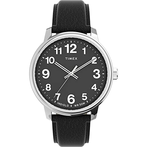Timex Men's Easy Reader Bold mm Watch  Silver Tone Case Black Dial with Black Leather Strap