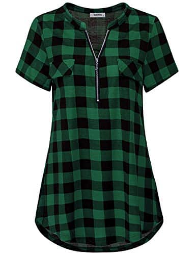 Work Shirts for Women Office, Ladies Blouse Trendy Notch Collar Zip Up V Neck Tunic Tops Short Sleeve Form Fitting Plaid T Shirt Boyfriend Business Casual Clothing Green L