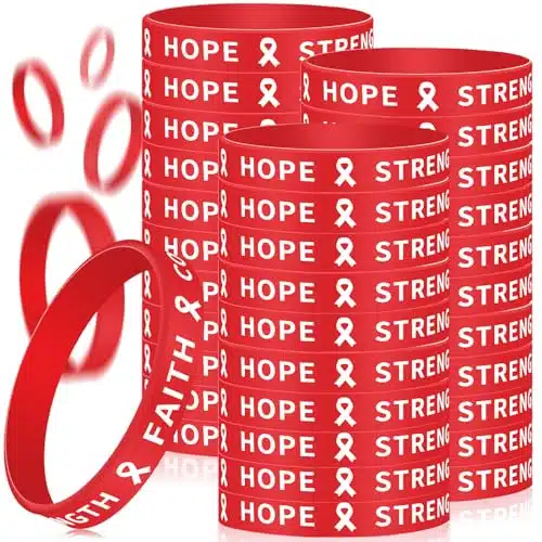 Arrowbash Pcs Red Ribbon Awareness Silicone Bracelets Heart Disease Cancer Awareness Silicone Rubber Wristband Ribbon Bracelet Red Ribbon Week Supplies Bulk for Public Charity